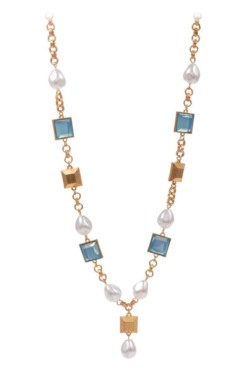Square Shape Pearl With Glass Stone Short Necklace