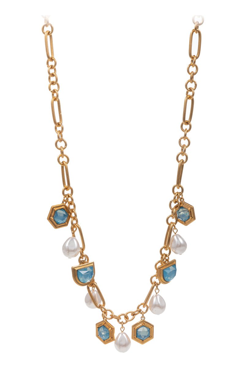 Square Pearl Glass Charm Cluster Short Necklace