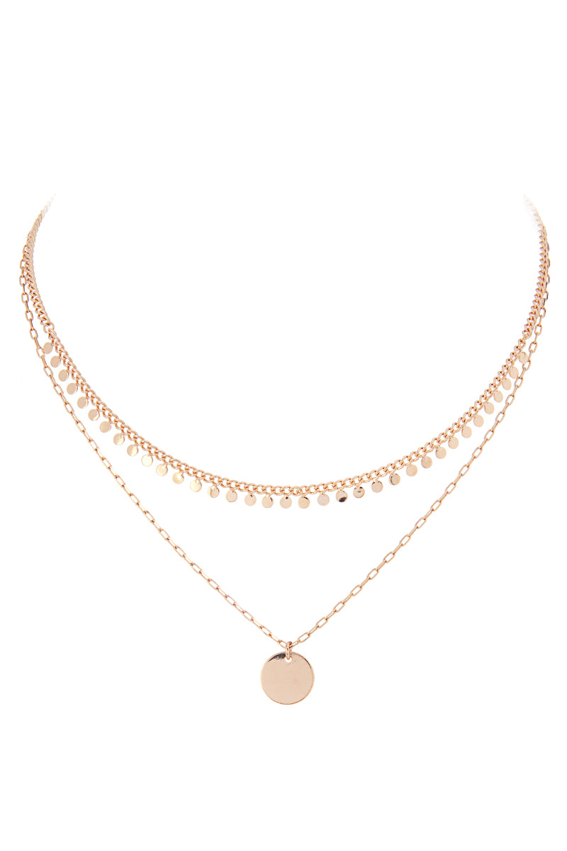 Basic Metal Chain Disk Pendant Layered Necklace