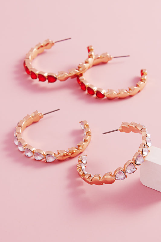 Valentines Day Heart Rhinestone Pave Hoop Earrings
