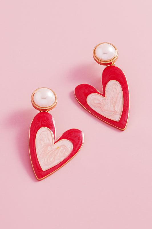 Valentines Day Heart Enamel Pearl Post Earrings