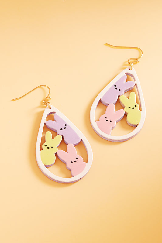 Oval W Rabbit Shaped Easter Wood Hook Earrings