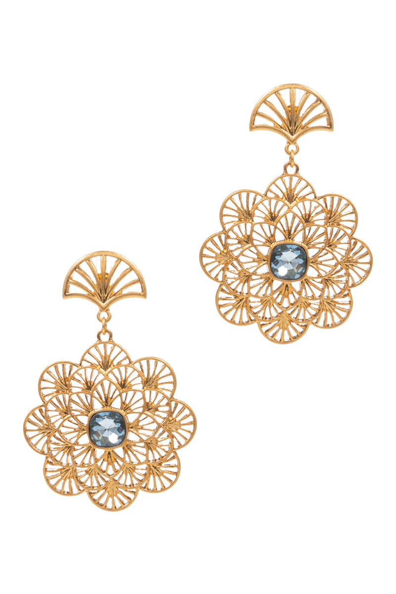 Flower With Leaf Epoxy Rhine Stone Post Earrings