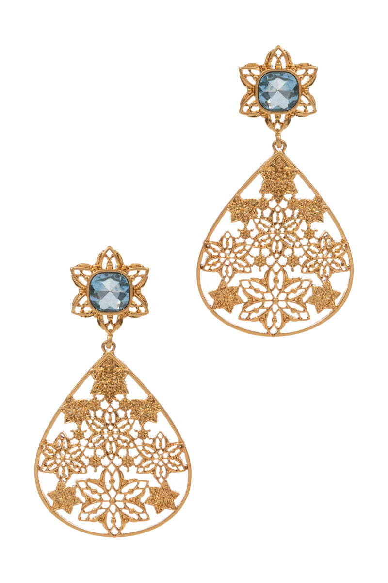 Teardrop Flower Pattern Rhine Stone Post Earrings