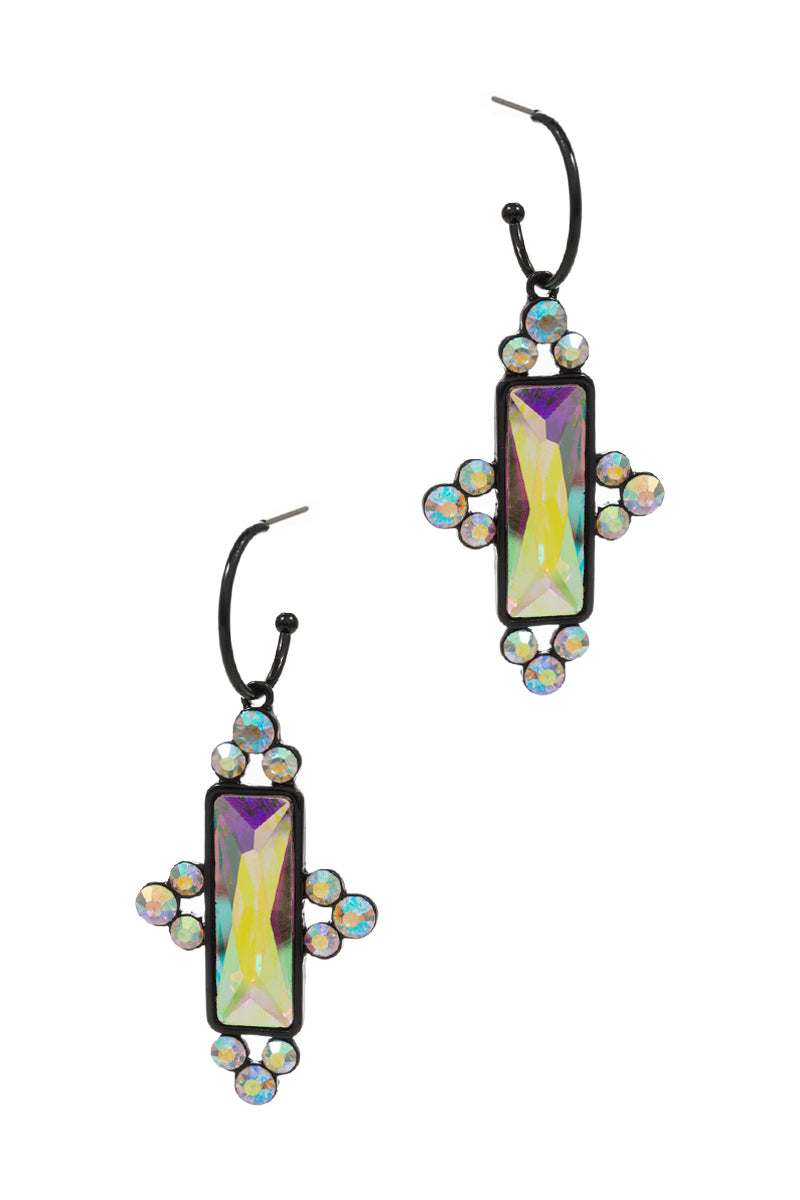 Bar Shaped Rhine Stone Paved Hoop Earrings