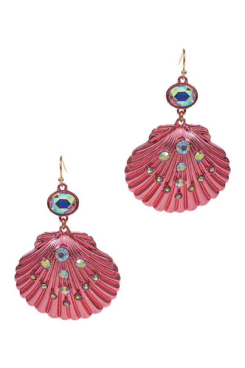 Shell Shaped Rhine Stone 2 Drop Hook Earrings