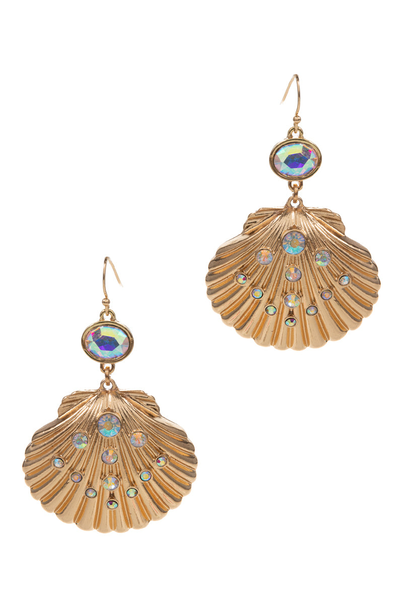 Shell Shaped Rhine Stone 2 Drop Hook Earrings