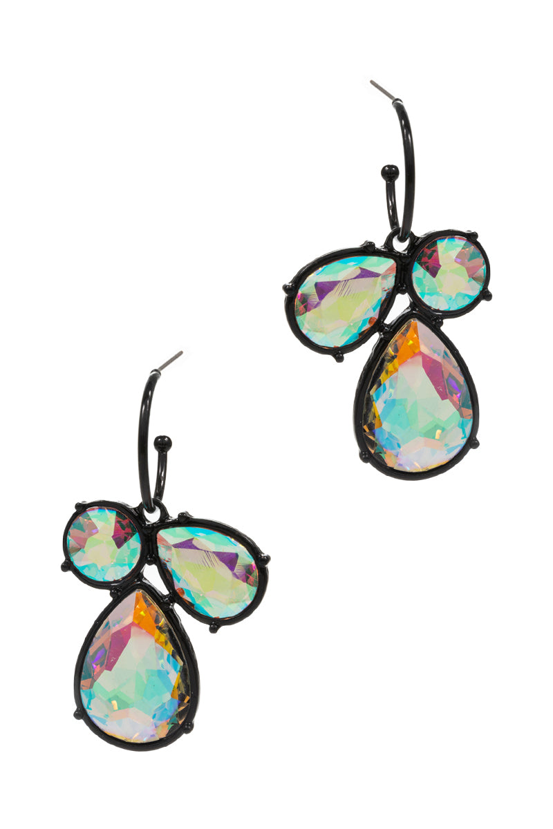 Tear Drop Shaped Rhine Stone Cluster Hoop Earrings