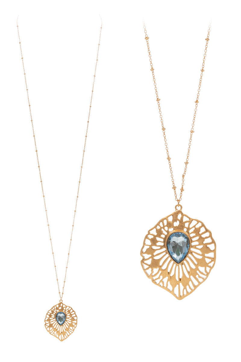 Leaf Vintage Filigree Rhine Stone Long Necklace