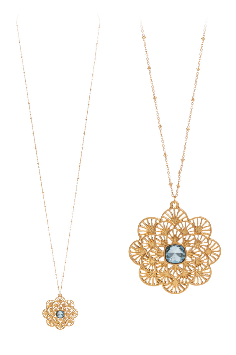 Flower Vintage Filigree Rhine Stone Long Necklace