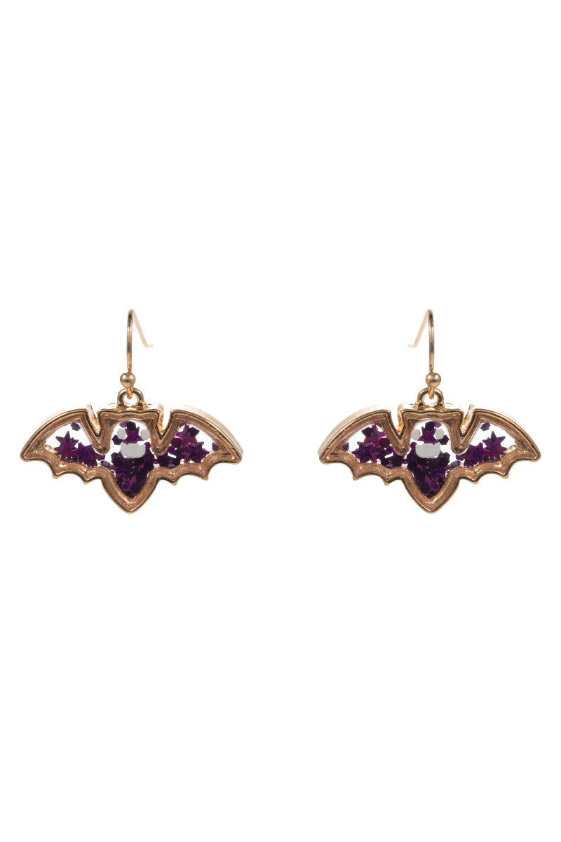 Halloween Bat Glitter Shaker Brass Hook Earrings