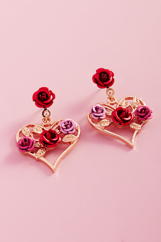 Valentines Heart Metal Color Roses Post Earrings