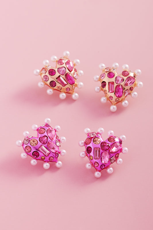 Valentine Heart Metal Stones Pearls Post Earrings