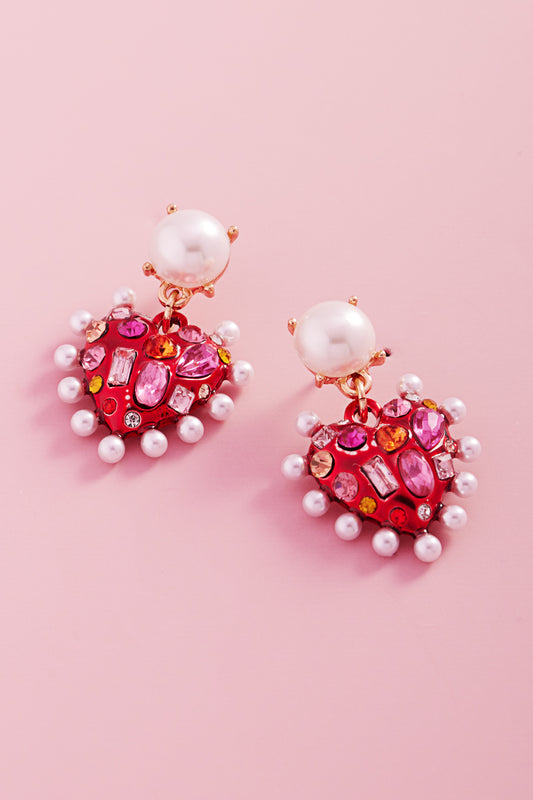 Valentines Heart Metal Stone Pearl Post Earrings