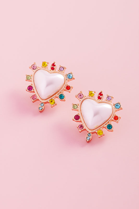 Valentines Heart Pearl Color Stones Post Earrings
