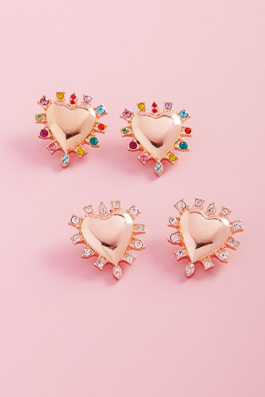 Valentine Heart Metal Color Stones Post Earrings