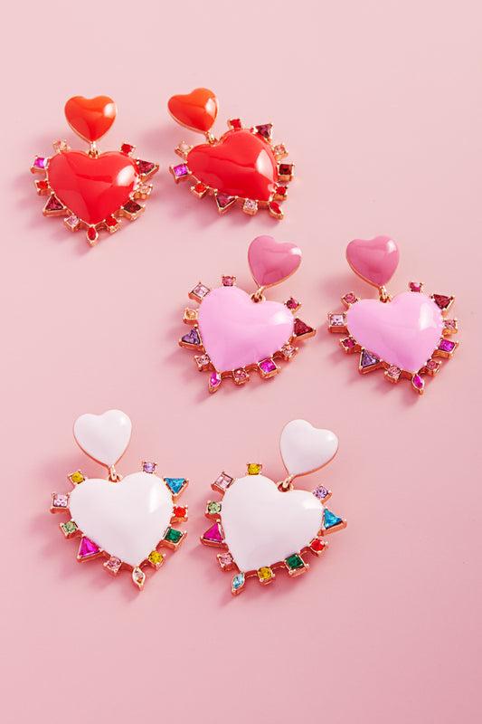 Valentines Heart Enamel Color Stones Post Earrings