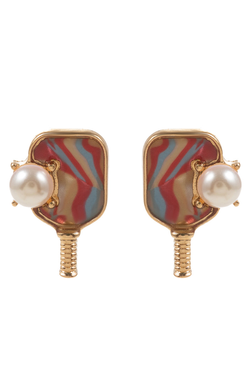 Sports Pickleball Shimmery W Pearl Post Earrings