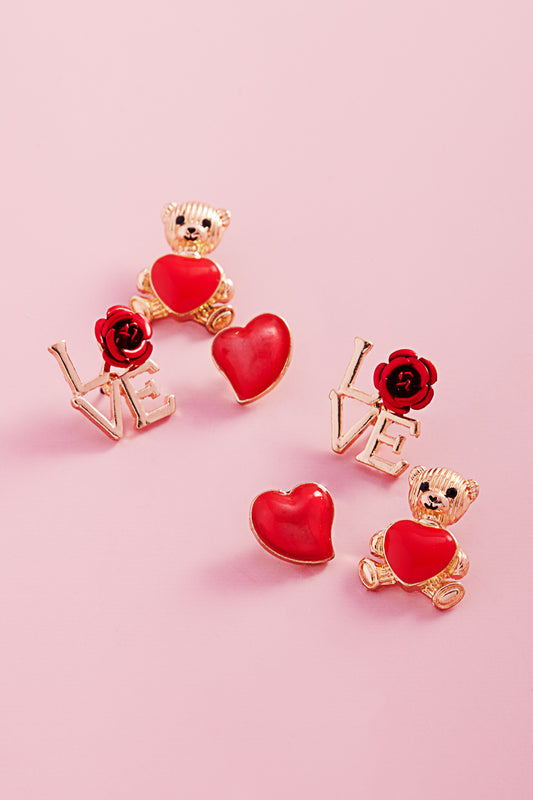Teddy Bear Valentines Day Icons 3Set Post Earrings