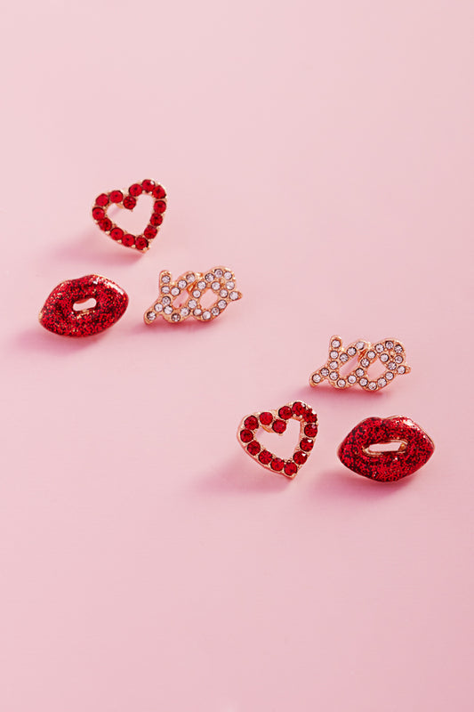 Valentines Days Icon Shaped 3 Set Post Earrings