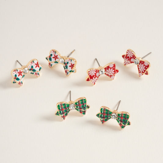 Christmas Pattern Ribbon Rhinestone Post Earrings