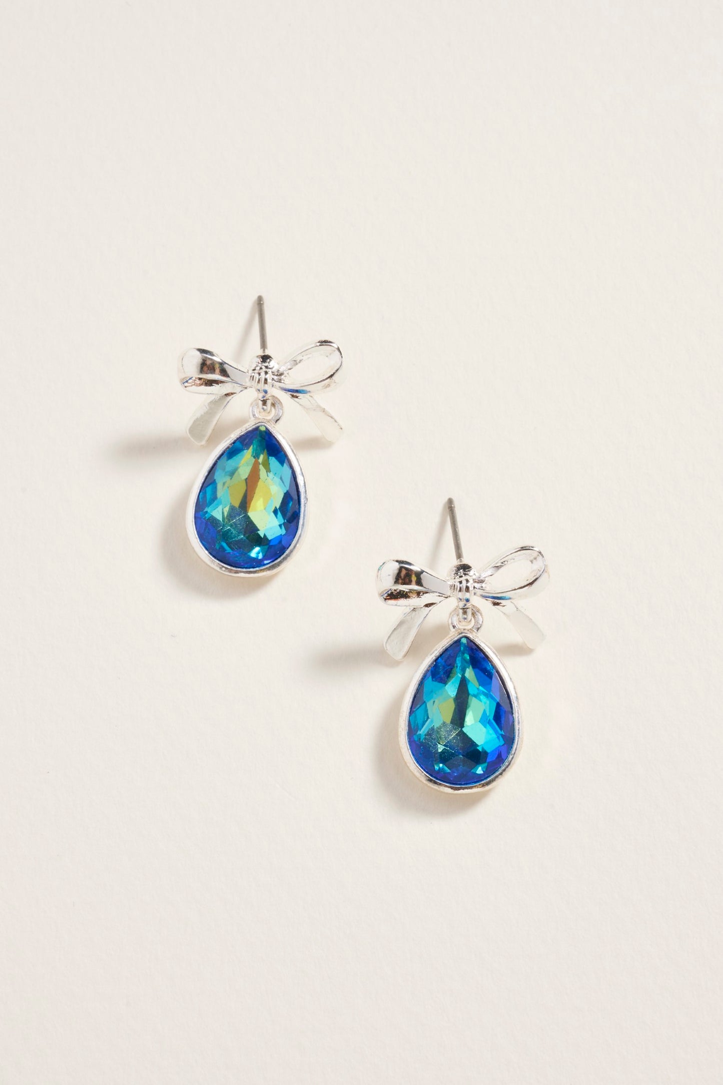 Teardrop Rhinestone with Metal Bow Post Earrings