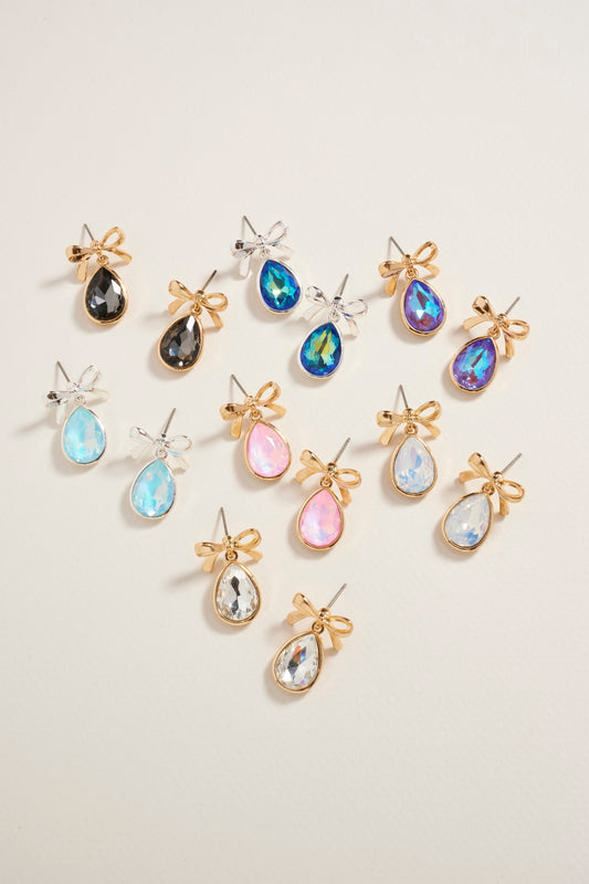 Teardrop Rhinestone with Metal Bow Post Earrings